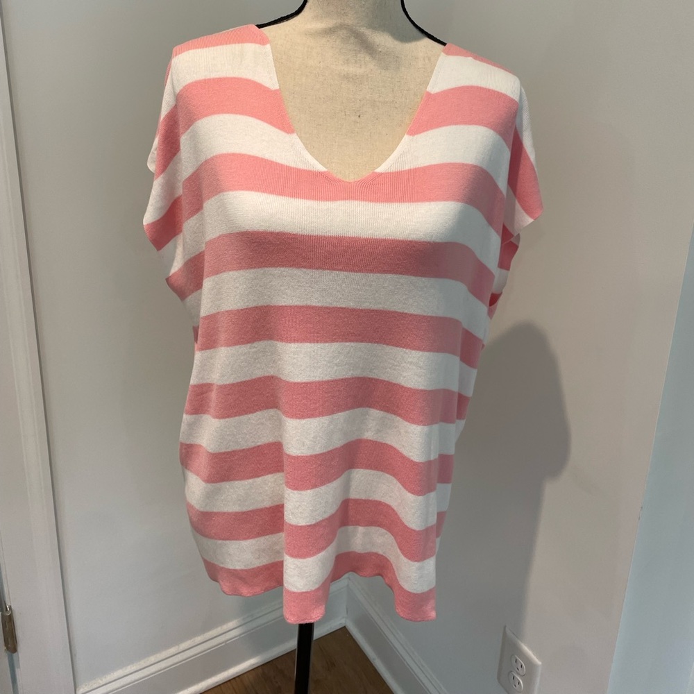 Talbots Pink and White Striped V-Neck Sweater 2X